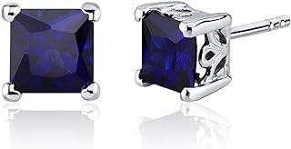 Peora Created Blue Sapphire Stud Earrings 925 Sterling Silver, Solitaire Scroll Gallery, 2.50 Carats Total Princess Cut 6mm, Friction Backs