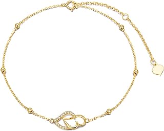14K Yellow Gold Cable Chain Heart Anklet with Spring Ring Clasp and Cubic Zirconia for Women and Girls - Interwoven Heart Design