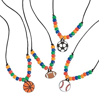 Fun Express Kid's Pony Bead Necklace Craft Kit in Multicolor Plastic with Sports-Themed Rubber Charms - Sets Makes 12