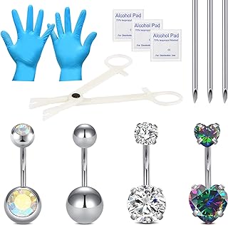 JIESIBAO DIY Belly Button Piercing Kit with 14G CZ Belly Rings and 316L Stainless Steel Needles for Women's Navel Decoration