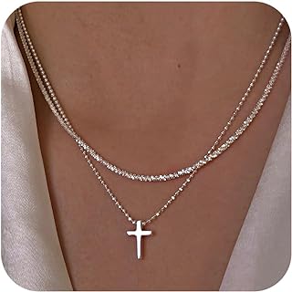 Spring Ring Clasp Silver Cross Choker Necklace with Rope Chain and Cubic Zirconia for Women and Girls - Trendy Sideways Pearl Design Jewelry Gift
