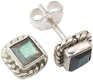 SilverStarJewel Blue Cut Labradorite Oxidized Stud Earrings 0.8 cm Solid Sterling Silver