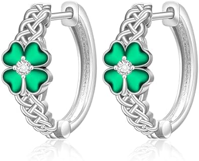 Clover Dangle Earrings with Cubic Zirconia for Women in Hoop Design, Sterling Silver Lever Back Bunny Shamrock Easter Jewelry