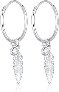Elli Boucles d'Oreilles Créoles en Argent Sterling 925 avec Plumes Boho et Cristaux, 3.8 cm Long, 5 mm Large, Idéales pour Festivals et Cadeaux Élégants