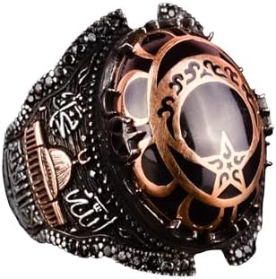 Sterling Silver Clasp Muslim Wedding Ring with Onyx Gem, Moon & Star Design for Him - Size 10.75