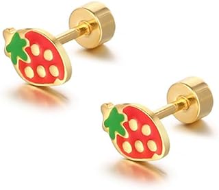 18g Tiny Strawberry Stud Earrings Flat Back for Women Teen Girls 14k Gold Plated Surgical Stainless Steel Hypoallergenic Cute Small Enamel Fruits Cartilage Tragus Screw Back Piercing Sensitive Ear Jewelry