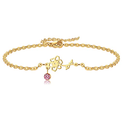 Birth Flower Bracelets, 14K Gold Plated Birth Month Floral Birthstone Charm Bracelets Wildflower Birthflower Jewelry Birthday Gifts for Women Girls