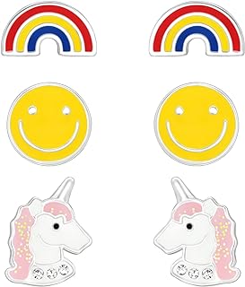 AUBE JEWELRY Hypoallergenic genuine 925 Sterling Silver Ear Studs Set - Rainbow, Smiley and Unicorn Stud Earrings with Comfort Fit Push Back Closings
