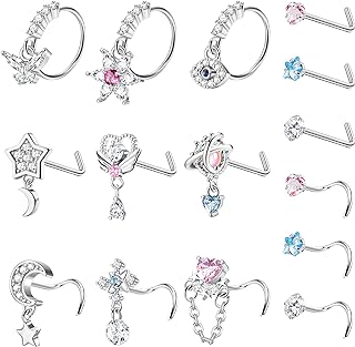 Stainless Steel Cubic Zirconia Nose Rings for Women and Men - Versatile 15 Piece, Heart, Star, Moon, Flower and Butterfly Designs