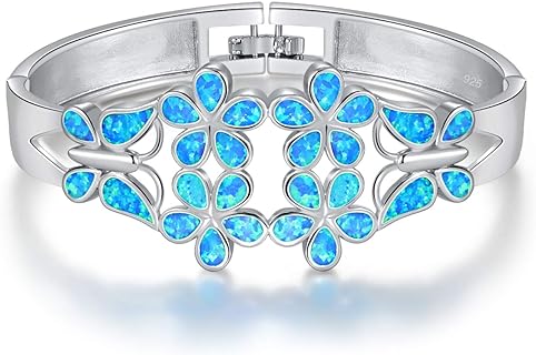 Chic White Gold Plated Box Chain Bangle Bracelet with Created Opal for Women, Delicate Flower and Butterfly Design