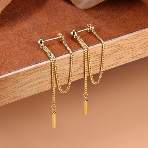 925 Sterling Silver Chain Earrings for Women 14K Gold Plated Chain Dangle Bar Earrings Hypoallergenic Stud Earrings with Drop Tassel Chain for Teen Girls