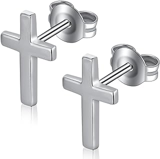 Push-Back Sterling Silver Cross Stud Earrings with Cubic Zirconia for Men & Women, Hypoallergenic Nickel Free Silver Hoops Design
