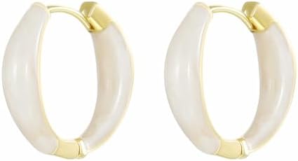 White Enamel Latch Back Hoop Earrings for Women and Teen Girls, Gold Plated Multicolor Bohemian Round Design