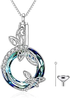 TOUPOP Dragonfly Urn Necklaces for Ashes 925 Sterling Silver with Blue Circle Crystal Memorial Keepsake Pendant Cremation Jewelry w/Funnel Filler for Women