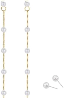 Pearl Earrings for Women 14k Gold Pearl Drop Dangle Earrings Adjustable Pearl Tassel Earrings 925 Sterling Silver Statement Wedding Bridal Earrings Girls Birthday Gifts Prom Graduation Jewelry