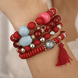 YERTTER Set of 4 Vintage Colorful Candy Beaded Bracelet Round Beads Stackable Ethnic Bracelets Tassel Stretch Bracelet Bangle Boho Vacation Accessories for Women Girls