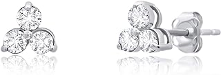 MAX + STONE 14k White or Yellow Gold Small Gemstone Trio Round Stud Earrings for Women with Push Backs and Birthstones (Created White Sapphire, white-gold)