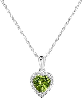 14K White Gold Genuine Peridot 7/8 Ct Heart Diamond Pendant Necklace