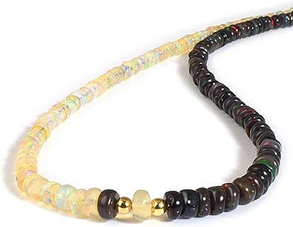 – Natural Ethiopian Fire Opal Beads Black And White Necklace 3-5MM Rondelle Smooth Multifire Opal Jewelry For Women (45 CM)