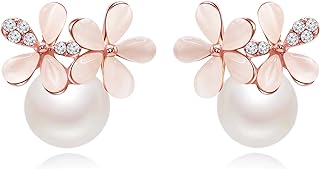 Push Back Soft Pink Pearl Stud Earrings with Cat Eye Stones Cluster Design for Women, Created Pearl Cluster Earrings for Pierced/Clip On Preferences