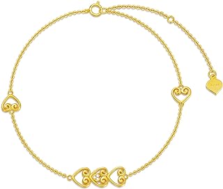 Women's 14k Yellow Gold Cubic Zirconia Charm Bracelet with Link and Cable Chain, Spring Ring Clasp, Triple Heart Design