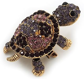 Amethyst/Deep Purple Diamante 'Turtle' Brooch In Gold Metal - 5.5cm Length
