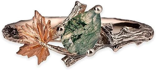 Sterling Silver Natural Moss Agate Promise Ring with Vine Leaf Design for Women, Size 5 - Pear Shaped Green Agate Engagement Ring, Unique Wedding Jewelry Gift