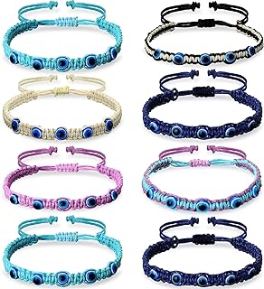 Hicarer 8 Pieces Evil Eye Beaded Bracelet Adjustable Blue Evil Eye Rope Bracelets Kabbalah Protection Friendship Bracelet Hand Woven Turkish Lucky Protection Bracelets for Women Men