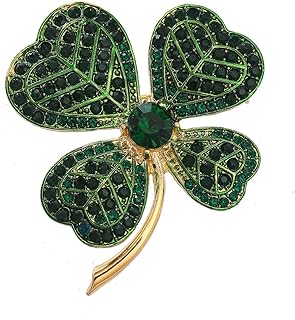 Pin-Clasp Shamrock Brooch Encrusted with Cubic Zirconia for Women - Clover Leaf Design - Kokoma Green Irish Corsage