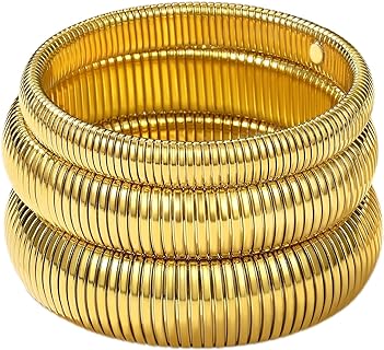 14k Gold Link Chain Flexible Bangle Bracelet Set for Women, High Polished Stainless Steel, Hypoallergenic, Variety Widths