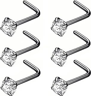 316L Surgical Steel 22g/20g/18g Nose Rings Studs L-Shape Nose Nostrial Piercing Body Jewerly L Shaped Nose Studs 1.5mm 2mm 2.5mm 3mm CZ Nose Screw Studs Rings for Women