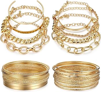 YADOCA 33Pcs Gold Stackable Bangle Bracelets Set For Women Boho Indian Dainty Multiple Layered Stackable Open Cuff Wrap Bangles Adjustable Trendy Paperclip Link Italian Cuban Chain Jewelry For Women