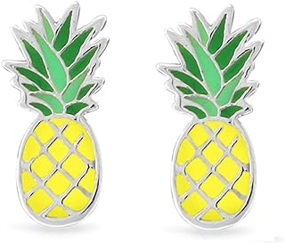 Boma Jewelry Sterling Silver Pineapple Stud Earrings with Hypoallergenic Push Back, Yellow & Green Resin Design