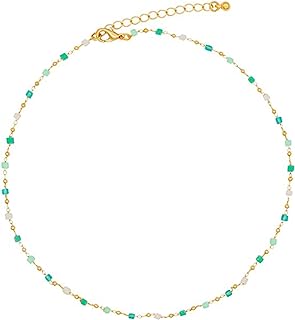Bohemian-Inspired Green Beaded Choker Necklace with Ball Chain and Spring Ring Clasp for Women and Girls, Alloy-Made