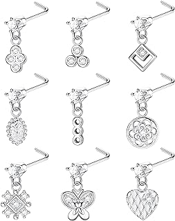 Stylish 9Pc 20G Stainless Steel Nose Ring Set with Push-Back Cubic Zirconia for Men and Women, L-shaped, Heart & Butterfly Design by JeryWe