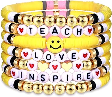 NVENF Teacher Bracelets Clay Heishi Beaded Bracelets for Women Stackable Teach Love Inspire Stretch Bracelets Colorful Preppy Bracelet Back To School Teacher Appreciation Gifts