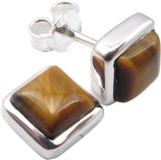 SilverStarJewel 0.925 Pure Silver 6 x 6 mm Tiger's Eye Stud Earrings 0.3" Fashion Stone
