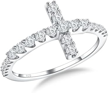 Sterling Silver Clasp Christian Wedding Ring, Black Diamond Chain Type, for Her, Cross Design