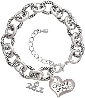 Delight Jewelry Silvertone Marathon - 26.2 - Class of 2024 Heart Charm Link Bracelet, 7.25+1.25" Extender