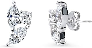 3-Stone Marquise Cubic Zirconia Sterling Silver Cluster Stud Earrings for Women, Push-Back Design with Rhodium Plating