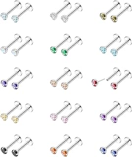 15-Pair Set 20G Threadless Nose Stud with Push Back Cubic Zirconia Gems for Women & Men, 316L Stainless Steel - Versatile Design for Cartilage, Helix, Tragus, Labret, Monroe & Ear Piercing Jewelry