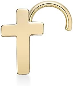 20G Cross Nose Stud with Curved Screw Clasp in 10K Yellow Gold for Unisex, Elegant Hypoallergenic Body Piercing Jewelry - Ideal for Men and Women