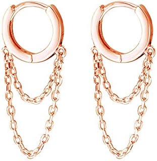 Tassel Chain Drop Dangle Small Hoop Earrings for Women Girls Men 925 Sterling Silver Huggie Helix Cartilage Tragus Daith Piercing Cuff Minimalist Fashion Personalized Punk Jewelry (Rose Gold)