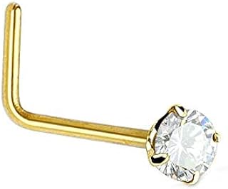 JewelStop 14K Solid Yellow Gold Nose Ring Bone CZ Prong Set - 0.5mm 24 Gauge 8mm Long