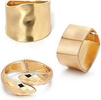1-3Pcs Gold Plated Bangle Bracelets for Women Open Hinged Bangle Bracelets Chunky Polished-Finish Wrist Cuff Wrap Bracelets Minimalist Twist-Grooved Wide Cuff Bracelet