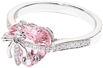 Pink CZ Heart Shaped Rings for Women Girls Elegant Cubic Zirconia Bow Knot Promise Love Engagement Wedding Statement Ring Finger Infinity Lovers Crystal Gemstone Jewelry for Her Girlfriend Anniversary Valentine's Day Birthday