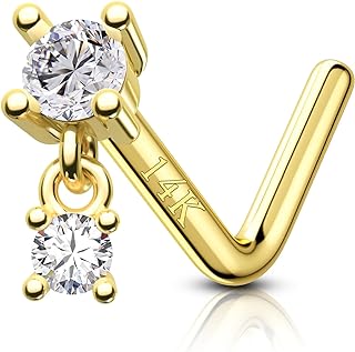 COCHARM 14K Solid Gold Dangle Nose Stud 20g Yellow Gold L Bend Nostril Nose Stud 7mm Long Dangling Nose Piercing 14kt Real Gold Nose Stud Nose Rings Hypoallergenic Press Fit Nose Jewelry