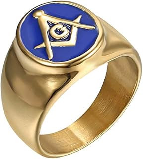 Men's Stainless Steel Gold Plated Freemason Masonic Rings Blue G Lodge Master Mason Signet Biker Band