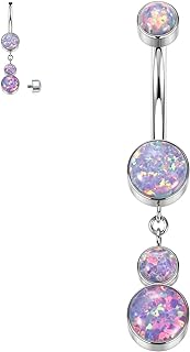 14G G23 Titanium Dangle Belly Button Rings with CZ Gems for Women and Girls - Cute Belly Bars with Long Curved Internally Threaded Barbell Design