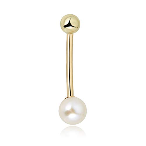 AVORA 10K Yellow/White Gold Freshwater Pearl Belly Button Ring Body Jewelry (14 Gauge)
